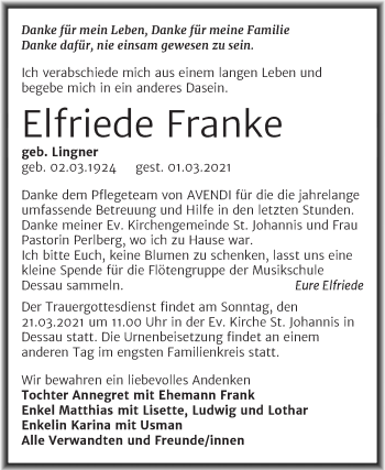 Traueranzeige von Elfriede Franke von Mitteldeutsche Zeitung Dessau-Roßlau