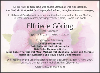 Traueranzeige von Elfriede Göring von Mitteldeutsche Zeitung Köthen