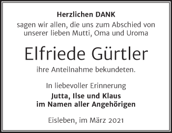 Traueranzeige von Elfriede Gürtler von Mitteldeutsche Zeitung Mansfelder Land