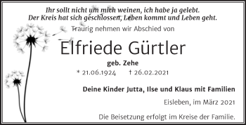 Traueranzeige von Elfriede Gürtler von Mitteldeutsche Zeitung Mansfelder Land