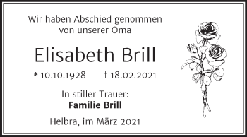 Traueranzeige von Elisabeth Brill von Mitteldeutsche Zeitung Mansfelder Land