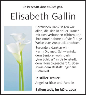 Traueranzeige von Elisabeth Gallin von Mitteldeutsche Zeitung Quedlingburg