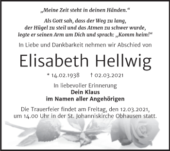 Traueranzeige von Elisabeth Hellwig von Mitteldeutsche Zeitung Merseburg/Querfurt