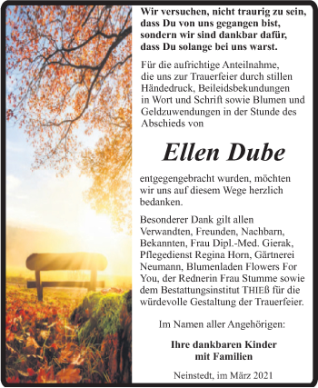 Traueranzeige von Ellen Dube von Mitteldeutsche Zeitung Quedlingburg