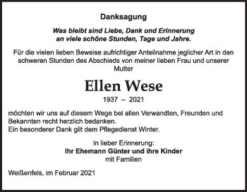 Traueranzeige von Ellen Wese von Mitteldeutsche Zeitung Weißenfels