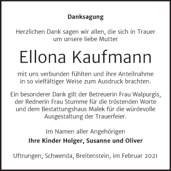 Traueranzeige von Ellona Kaufmann von Mitteldeutsche Zeitung Sangerhausen