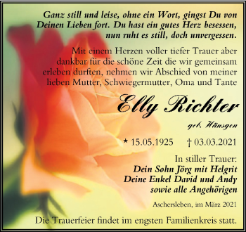Traueranzeige von Elly Richter von Mitteldeutsche Zeitung Aschersleben