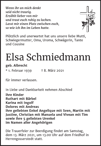 Traueranzeige von Elsa Schmiedmann von Mitteldeutsche Zeitung Naumburg/Nebra