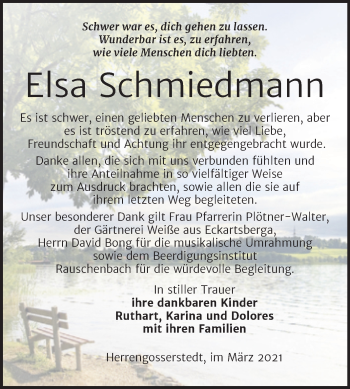 Traueranzeige von Elsa Schmiedmann von Super Sonntag Naumburg/Nebra