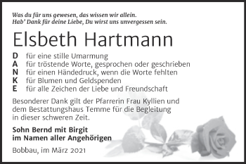 Traueranzeige von Elsbeth Hartmann von Mitteldeutsche Zeitung Bitterfeld