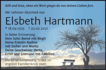 Traueranzeige von Elsbeth Hartmann von Mitteldeutsche Zeitung Bitterfeld