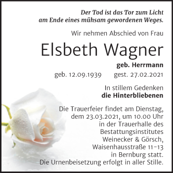 Traueranzeige von Elsbeth Wagner von Mitteldeutsche Zeitung Bernburg