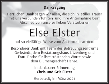 Traueranzeige von Else Elster von Mitteldeutsche Zeitung Mansfelder Land