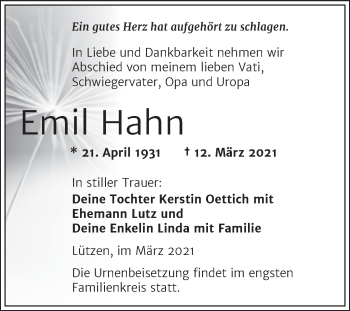 Traueranzeige von Emil Hahn von Mitteldeutsche Zeitung Weißenfels