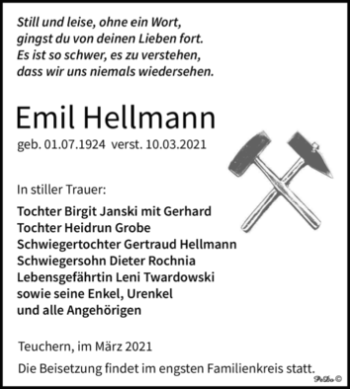 Traueranzeige von Emil Hellmann von Mitteldeutsche Zeitung Weißenfels