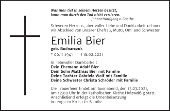 Traueranzeige von Emilia Bier von Mitteldeutsche Zeitung Bitterfeld