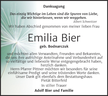 Traueranzeige von Emilia Bier von Mitteldeutsche Zeitung Bitterfeld