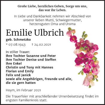 Traueranzeige von Emilie Ulbrich von Mitteldeutsche Zeitung Aschersleben