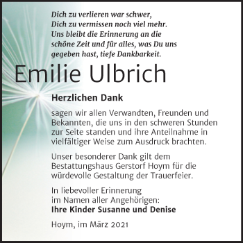 Traueranzeige von Emilie Ulbrich von Mitteldeutsche Zeitung Aschersleben