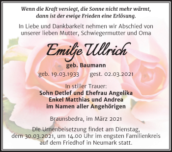 Traueranzeige von Emilje Ullrich von Mitteldeutsche Zeitung Merseburg/Querfurt