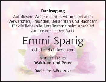 Traueranzeige von Emmi Sparig von Mitteldeutsche Zeitung Wittenberg