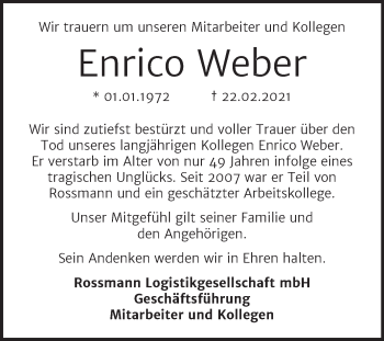 Traueranzeige von Enrico Weber von Mitteldeutsche Zeitung Halle/Saalkreis