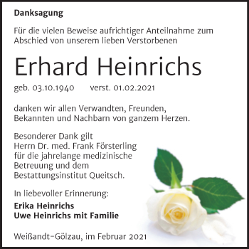 Traueranzeige von Erhard Heinrichs von Mitteldeutsche Zeitung Köthen
