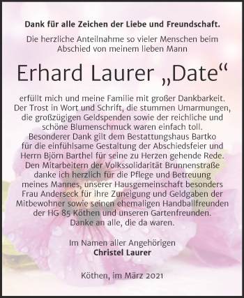 Traueranzeige von Erhard Laurer von Mitteldeutsche Zeitung Köthen