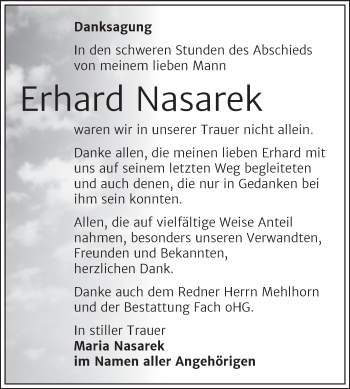 Traueranzeige von Erhard Nasarek von Mitteldeutsche Zeitung Merseburg/Querfurt