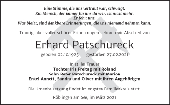 Traueranzeige von Erhard Patschureck von Mitteldeutsche Zeitung Mansfelder Land