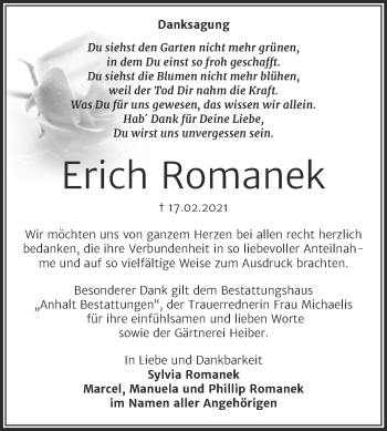 Traueranzeige von Erich Romanek von Mitteldeutsche Zeitung Bitterfeld