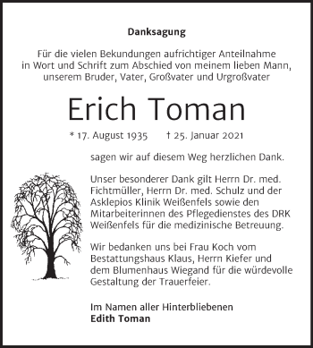 Traueranzeige von Erich Toman von Mitteldeutsche Zeitung Weißenfels