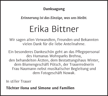 Traueranzeige von Erika Bittner von Mitteldeutsche Zeitung Bitterfeld