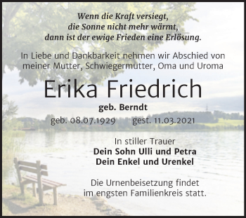 Traueranzeige von Erika Friedrich von Mitteldeutsche Zeitung Wittenberg