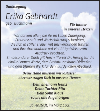 Traueranzeige von Erika Gebhardt von Mitteldeutsche Zeitung Quedlingburg