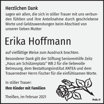 Traueranzeige von Erika Hoffmann von Mitteldeutsche Zeitung Zeitz