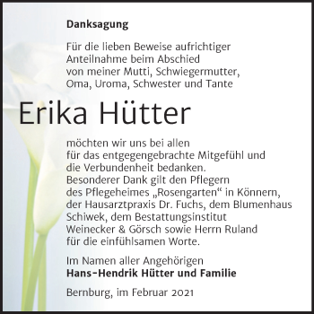 Traueranzeige von Erika Hütter von Mitteldeutsche Zeitung Bernburg