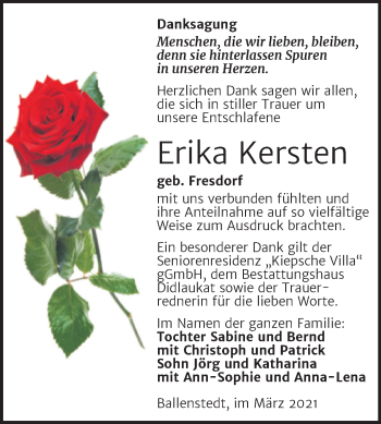 Traueranzeige von Erika Kersten von Mitteldeutsche Zeitung Quedlingburg