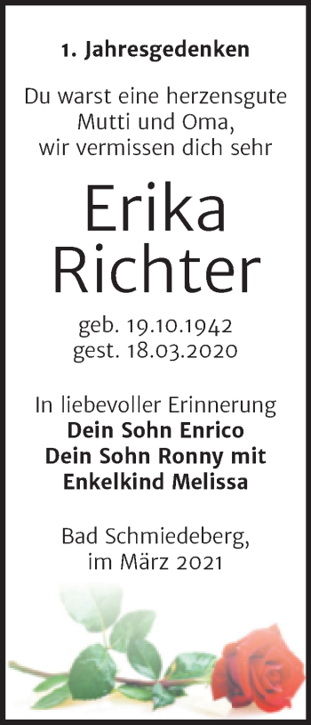 Traueranzeige von Erika Richter von Mitteldeutsche Zeitung Wittenberg