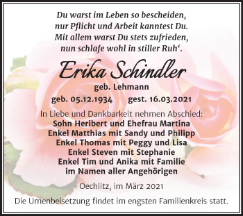 Traueranzeige von Erika Schindler von Mitteldeutsche Zeitung Merseburg/Querfurt