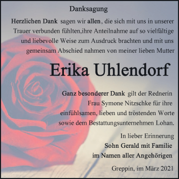 Traueranzeige von Erika Uhlendorf von Mitteldeutsche Zeitung Bitterfeld