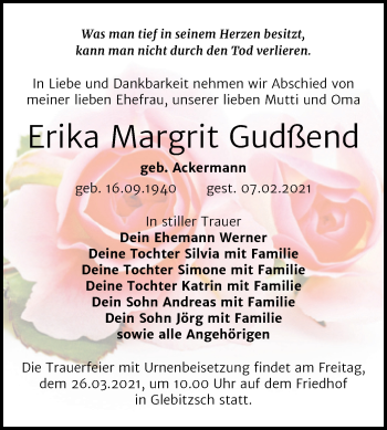 Traueranzeige von Erika Margrit Gudßend von Mitteldeutsche Zeitung Bitterfeld