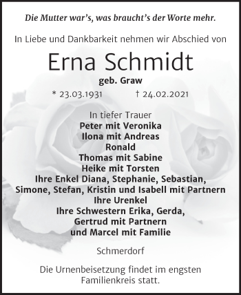 Traueranzeige von Erna Schmidt von Mitteldeutsche Zeitung Naumburg/Nebra