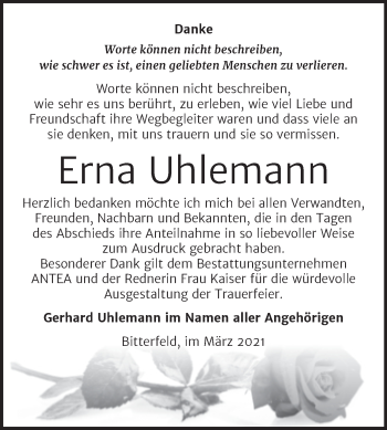 Traueranzeige von Erna Uhlemann von Mitteldeutsche Zeitung Bitterfeld