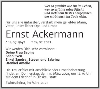 Traueranzeige von Ernst Ackermann von Mitteldeutsche Zeitung Halle/Saalkreis