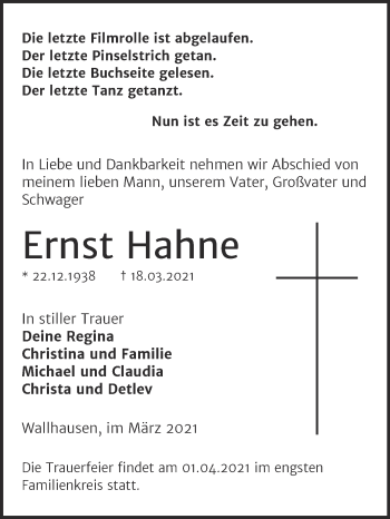 Traueranzeige von Ernst Hahne von Mitteldeutsche Zeitung Sangerhausen