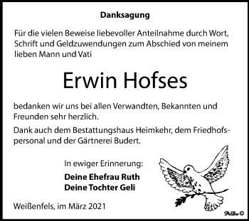 Traueranzeige von Erwin Hofses von Mitteldeutsche Zeitung Weißenfels