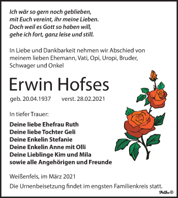 Traueranzeige von Erwin Hofses von Mitteldeutsche Zeitung Weißenfels