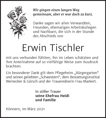 Traueranzeige von Erwin Tischler von Mitteldeutsche Zeitung Bernburg
