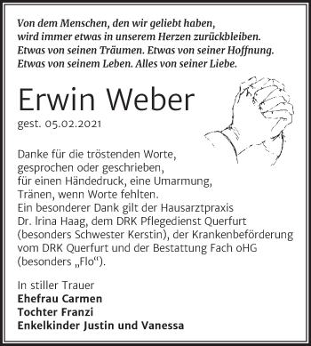 Traueranzeige von Erwin Weber von Mitteldeutsche Zeitung Merseburg/Querfurt